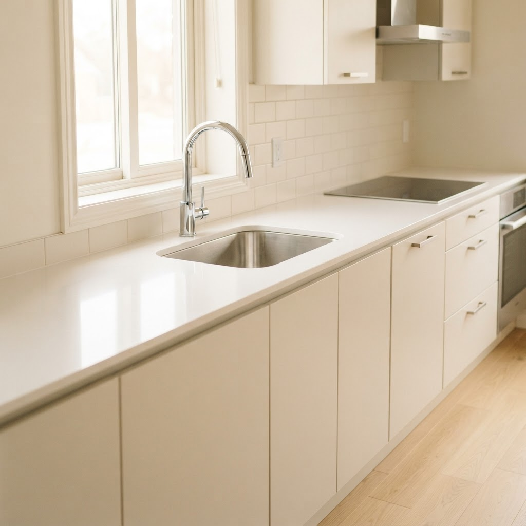 Spotless cleaned rental kitchen with gleaming sink and countertops